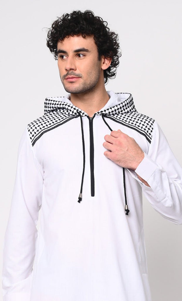 Geometric Charm Cross Stitch Embroidered Men's White Thobe with Hoodie - EastEssence.com