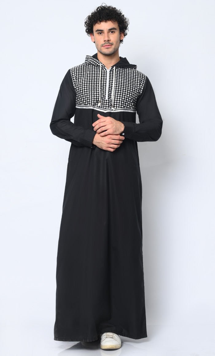 Geometric Embroidered Men's Black Thobe with Hoodie and Pockets - EastEssence.com