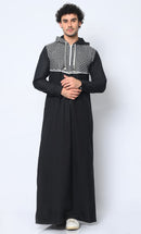 Geometric Embroidered Men's Black Thobe with Hoodie and Pockets - EastEssence.com