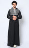 Geometric Embroidered Men's Black Thobe with Hoodie and Pockets