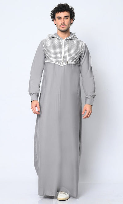 Geometric Embroidered Men's Grey Thobe with Hoodie and Pockets - EastEssence.com
