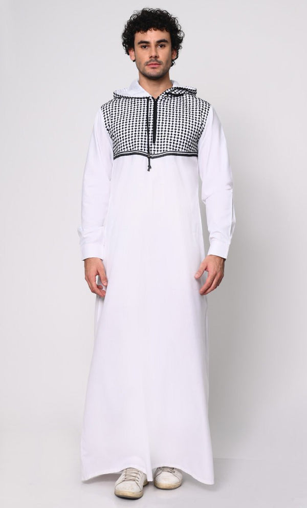 Geometric Embroidered Men's White Thobe with Hoodie and Pockets - EastEssence.com