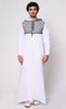 Geometric Embroidered Men's White Thobe with Hoodie and Pockets