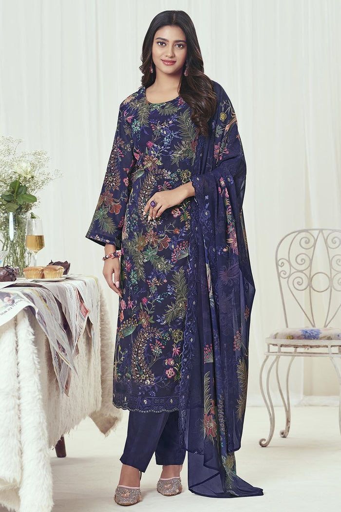 Georgette A - Line Kurta Pant Set with 3/4th Sleeves - EastEssence.com