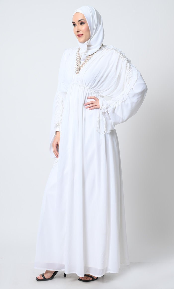 Georgette Abaya Dress – V - Neck, Gathered Sleeves, Elastic Waist with satin slip - EastEssence.com