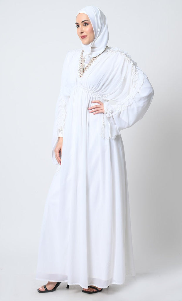 Georgette Abaya Dress – V - Neck, Gathered Sleeves, Elastic Waist with satin slip - EastEssence.com