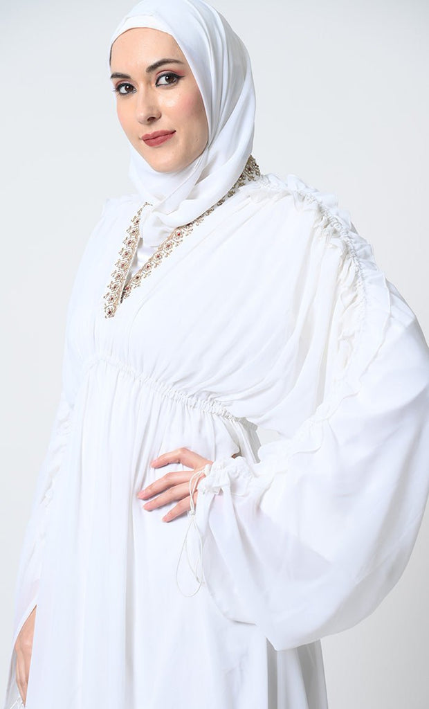 Georgette Abaya Dress – V - Neck, Gathered Sleeves, Elastic Waist with satin slip - EastEssence.com