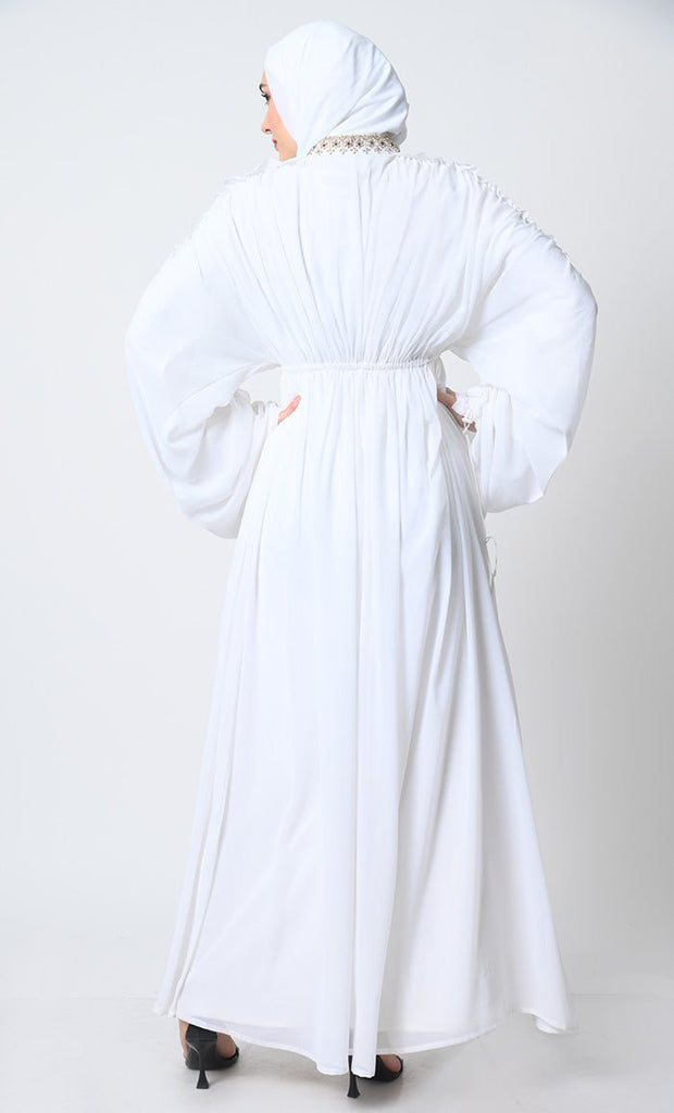 Georgette Abaya Dress – V - Neck, Gathered Sleeves, Elastic Waist with satin slip - EastEssence.com