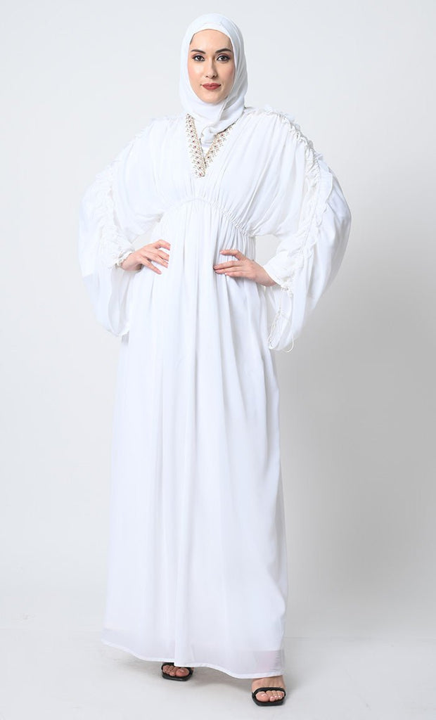 Georgette Abaya Dress – V - Neck, Gathered Sleeves, Elastic Waist with satin slip - EastEssence.com