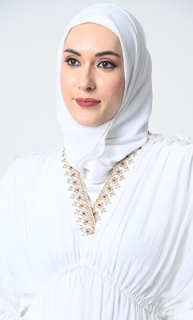 Georgette Abaya Dress – V - Neck, Gathered Sleeves, Elastic Waist with satin slip - EastEssence.com