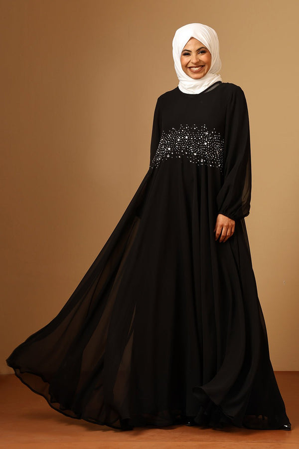 Georgette Flared Abaya with Zarkan, Sequin & Bead Embellished Waist - EastEssence.com