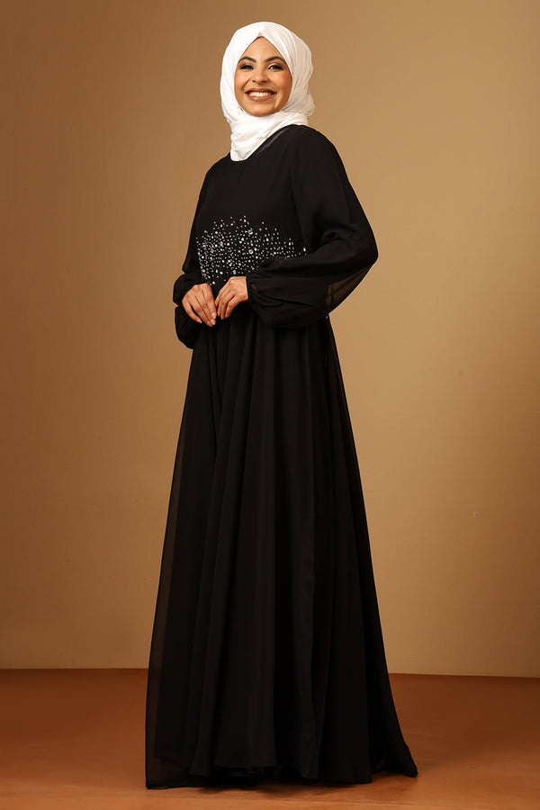 Georgette Flared Abaya with Zarkan, Sequin & Bead Embellished Waist - EastEssence.com
