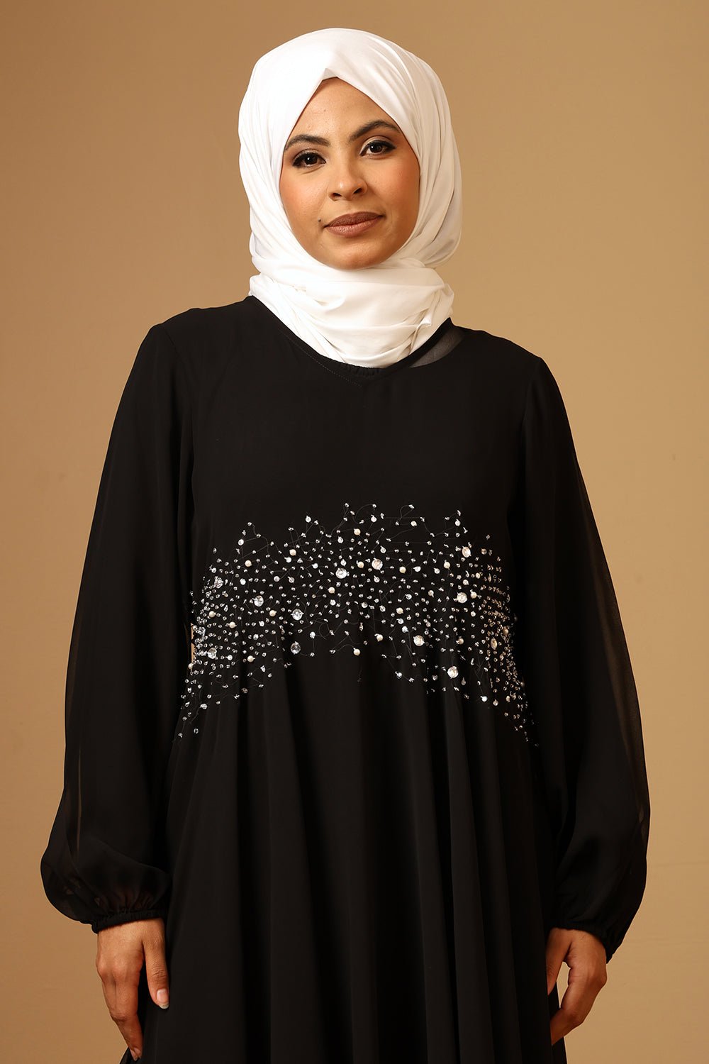 Georgette Flared Abaya with Zarkan, Sequin & Bead Embellished Waist - EastEssence.com