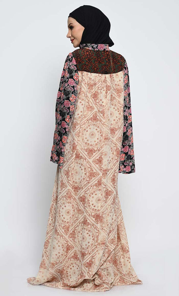 Georgette Printed Abaya with Contrast Bell Sleeves and Crepe Lining - EastEssence.com