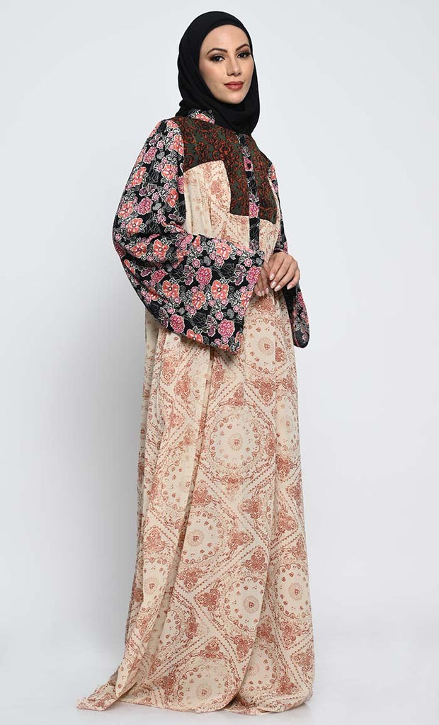 Georgette Printed Abaya with Contrast Bell Sleeves and Crepe Lining - EastEssence.com