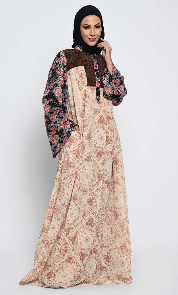 Georgette Printed Abaya with Contrast Bell Sleeves and Crepe Lining - EastEssence.com