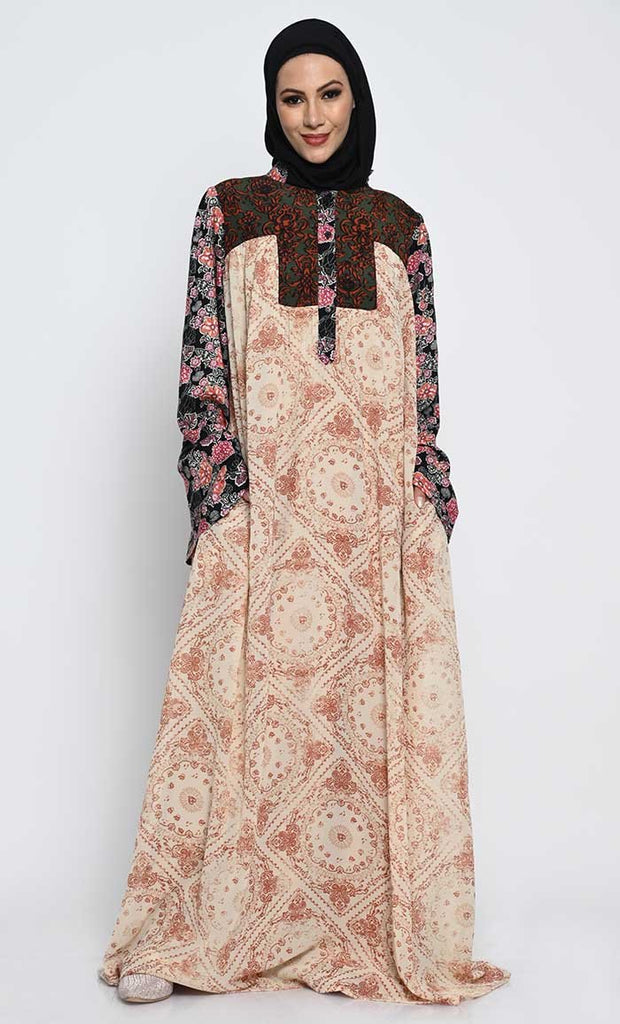 Georgette Printed Abaya with Contrast Bell Sleeves and Crepe Lining - EastEssence.com