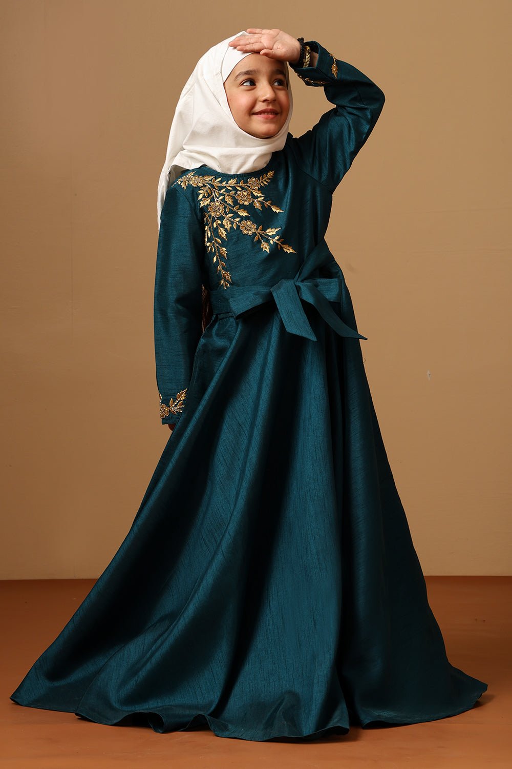 Girls Dupion Silk Embroidered Abaya Dress - EastEssence.com
