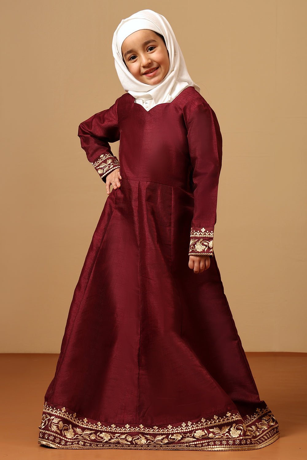 Girls Maroon Dupion Silk Embroidered Abaya Dress - EastEssence.com