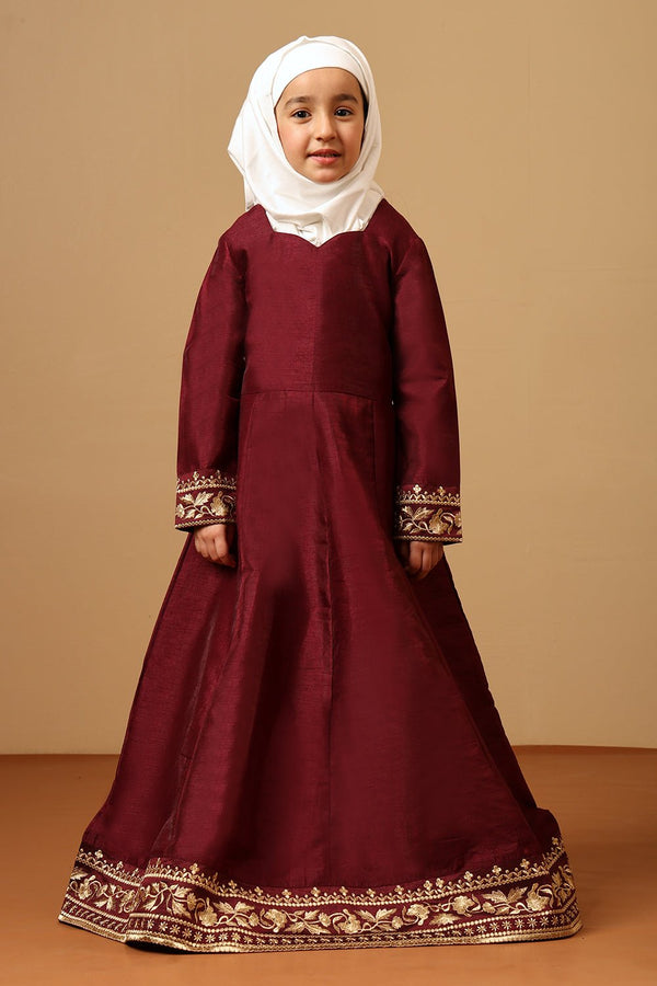 Girls Maroon Dupion Silk Embroidered Abaya Dress - EastEssence.com