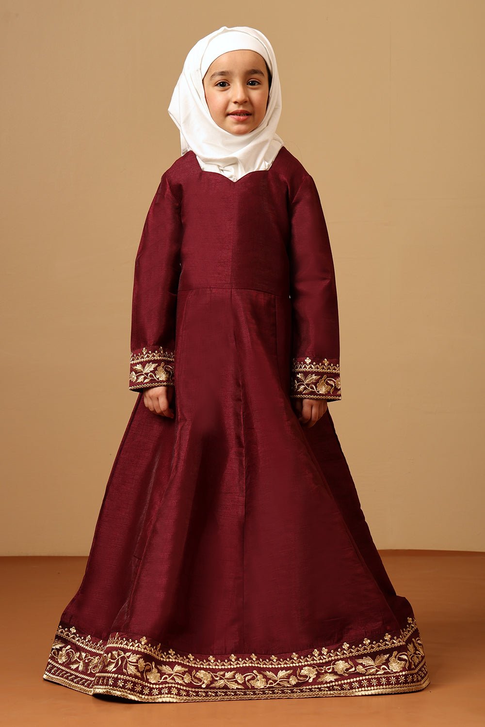 Girls Maroon Dupion Silk Embroidered Abaya Dress - EastEssence.com