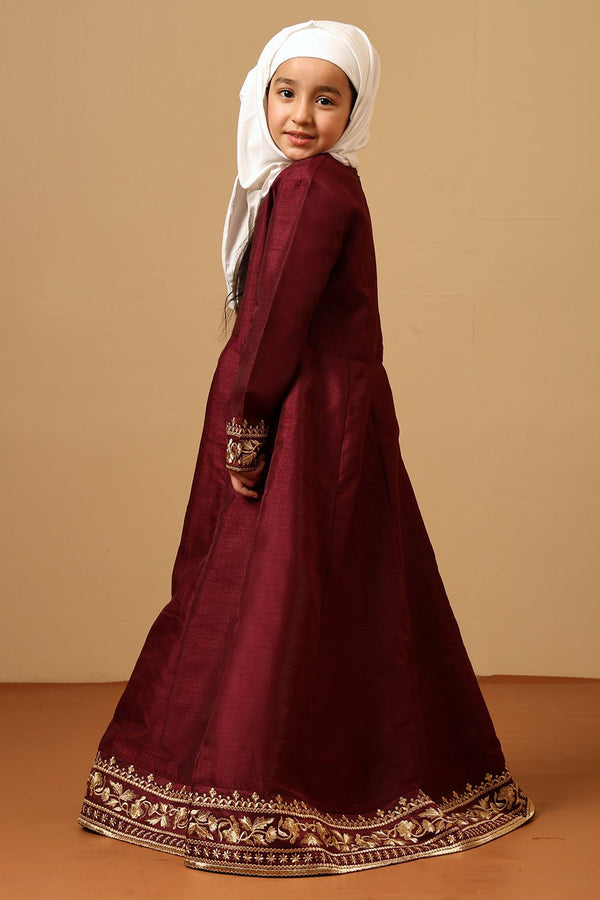 Girls Maroon Dupion Silk Embroidered Abaya Dress - EastEssence.com