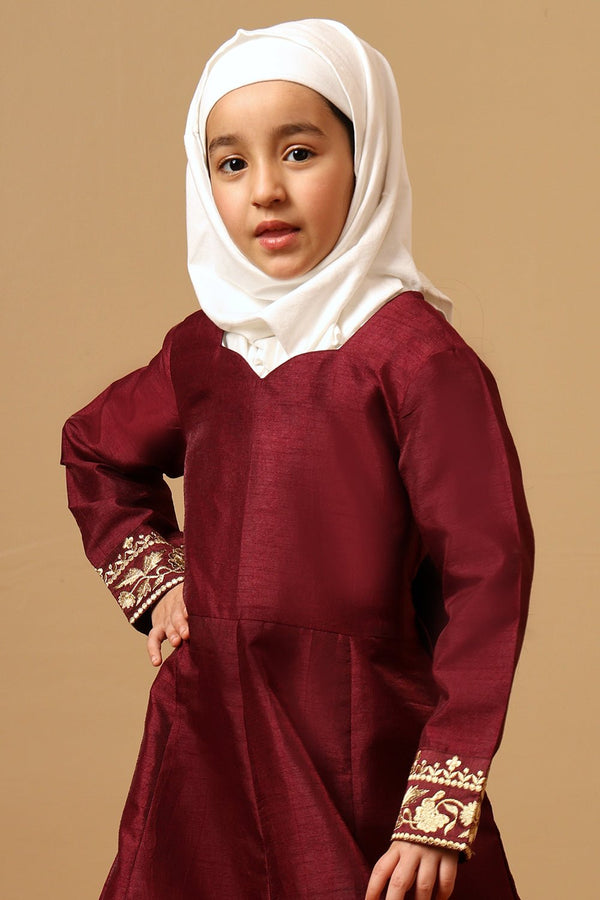 Girls Maroon Dupion Silk Embroidered Abaya Dress - EastEssence.com