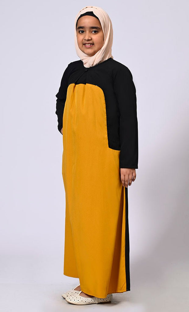 Girl's Mustard Abaya with Inverted Box Pleat and Contrasting Yoke Panel - EastEssence.com