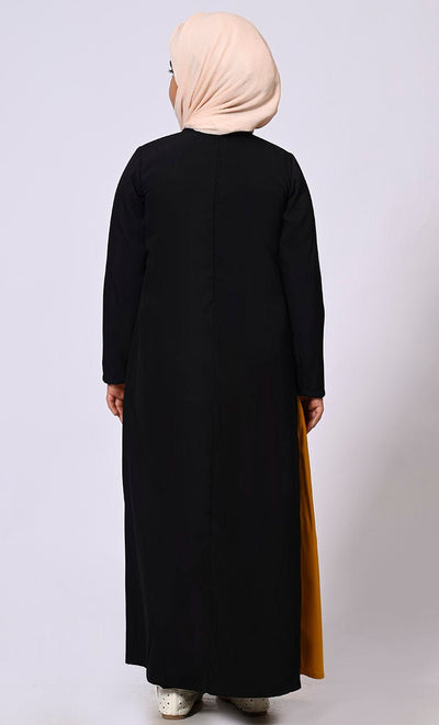 Girl's Mustard Abaya with Inverted Box Pleat and Contrasting Yoke Panel - EastEssence.com