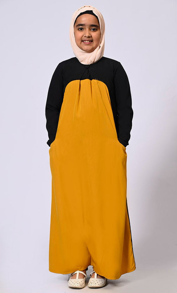 Girl's Mustard Abaya with Inverted Box Pleat and Contrasting Yoke Panel - EastEssence.com