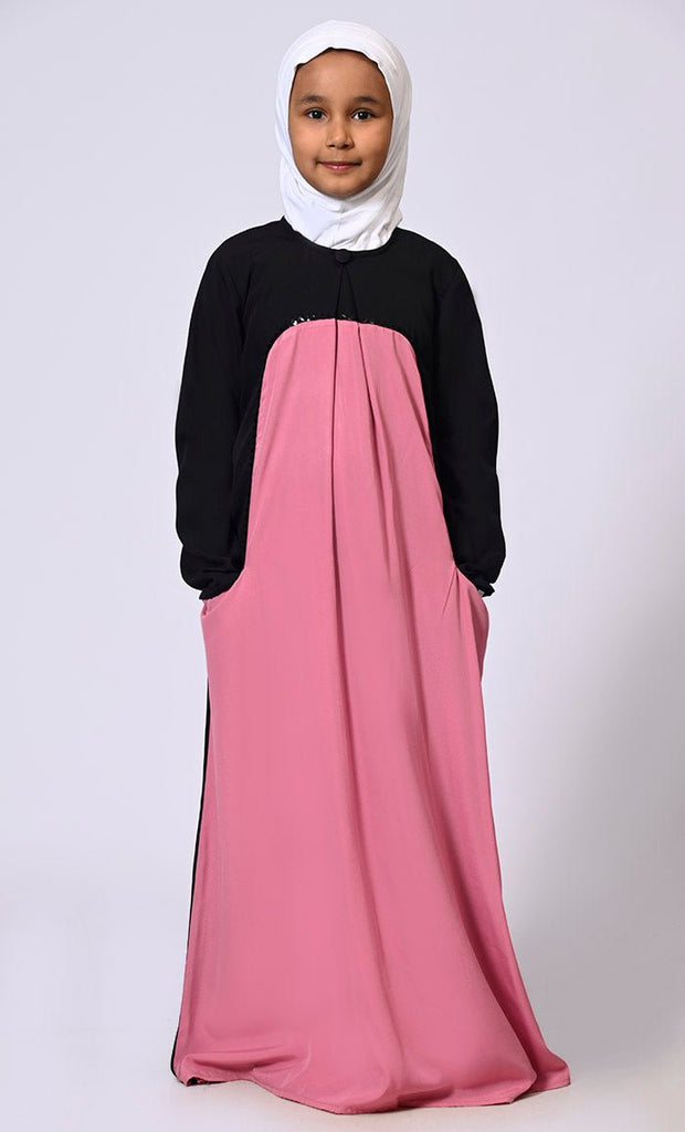 Girl's Pink Abaya with Inverted Box Pleat and Contrasting Yoke Panel - EastEssence.com