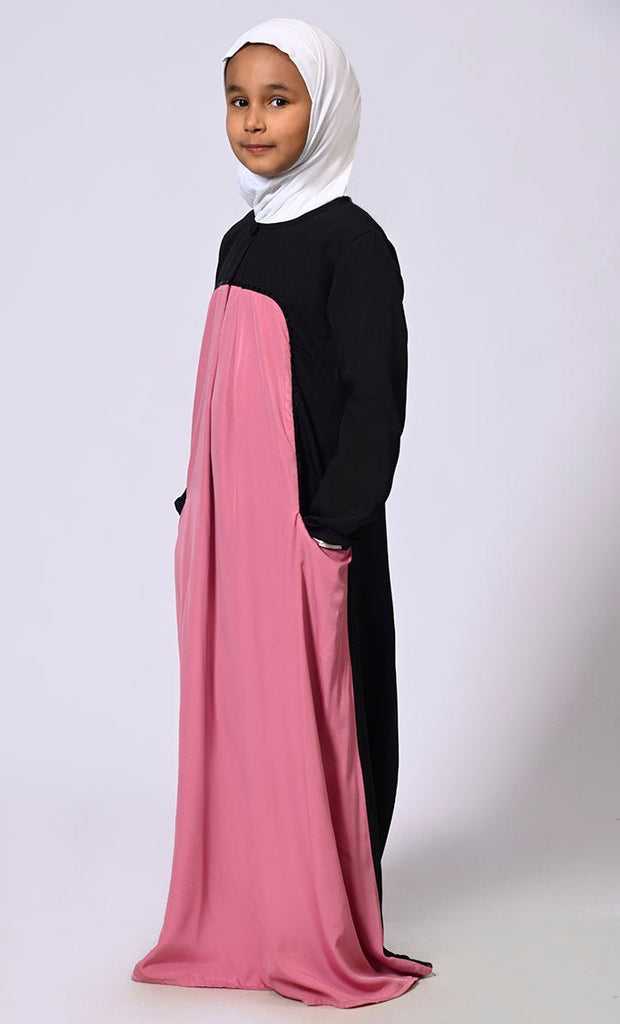 Girl's Pink Abaya with Inverted Box Pleat and Contrasting Yoke Panel - Final Sale - EastEssence.com