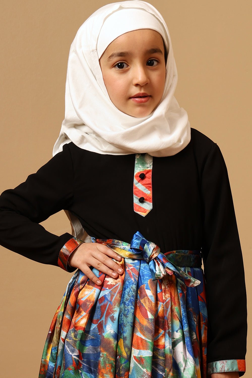 Girls Printed Satin Flared Abaya Dress - EastEssence.com