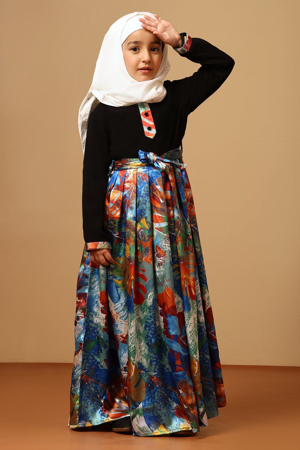 Girls Printed Satin Flared Abaya Dress - EastEssence.com