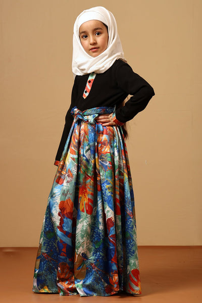 Girls Printed Satin Flared Abaya Dress - EastEssence.com