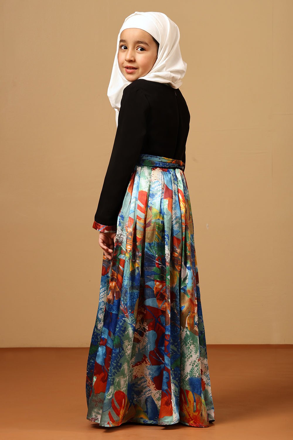 Girls Printed Satin Flared Abaya Dress - EastEssence.com