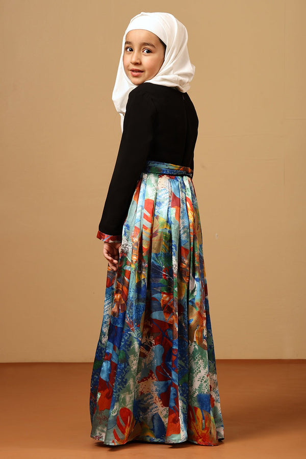 Girls Printed Satin Flared Abaya Dress - EastEssence.com