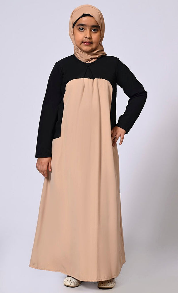 Girl's Sand Abaya with Inverted Box Pleat and Contrasting Yoke Panel - Final Sale - EastEssence.com