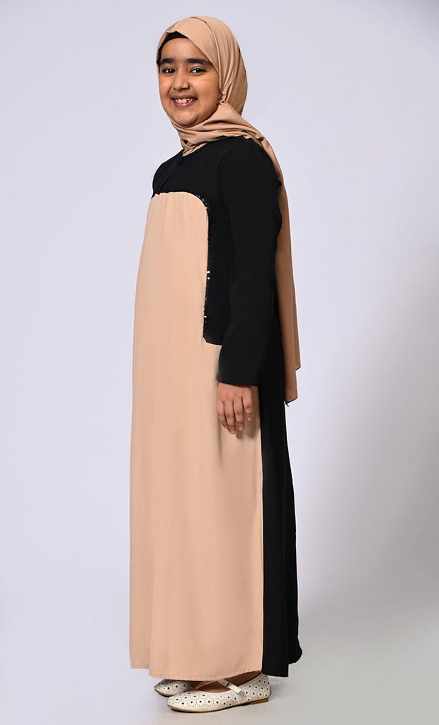 Girl's Sand Abaya with Inverted Box Pleat and Contrasting Yoke Panel - Final Sale - EastEssence.com