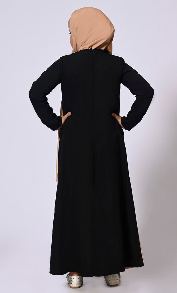 Girl's Sand Abaya with Inverted Box Pleat and Contrasting Yoke Panel - Final Sale - EastEssence.com