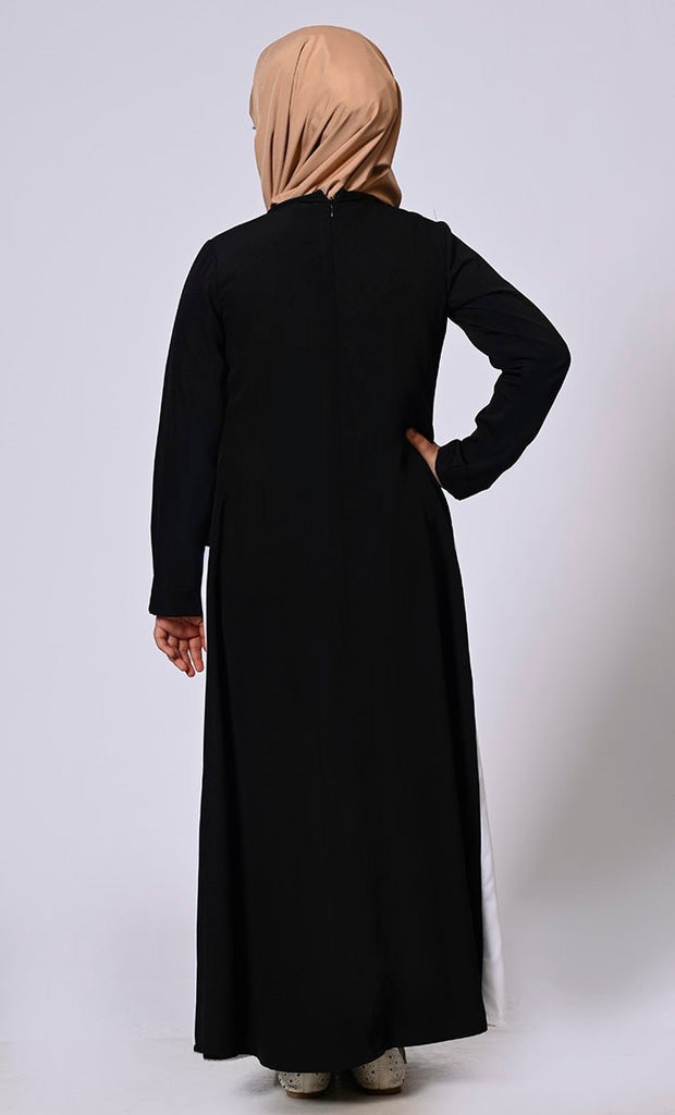 Girl's White Abaya with Inverted Box Pleat and Contrasting Yoke Panel - Final Sale - EastEssence.com