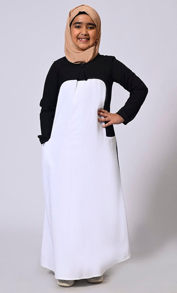 Girl's White Abaya with Inverted Box Pleat and Contrasting Yoke Panel - Final Sale - EastEssence.com