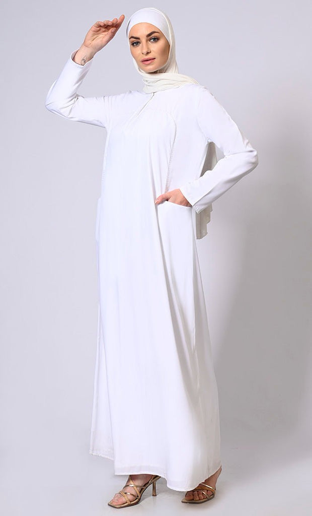 Glamorous Layers: White Double Layered Abaya with Sequined Yoke - Final Sale - EastEssence.com