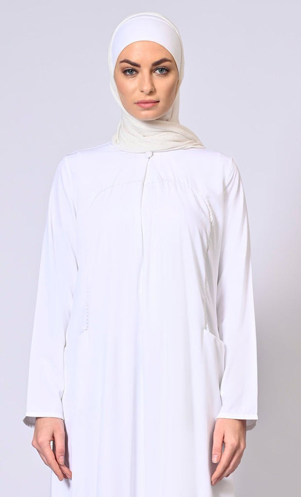 Glamorous Layers: White Double Layered Abaya with Sequined Yoke - Final Sale - EastEssence.com