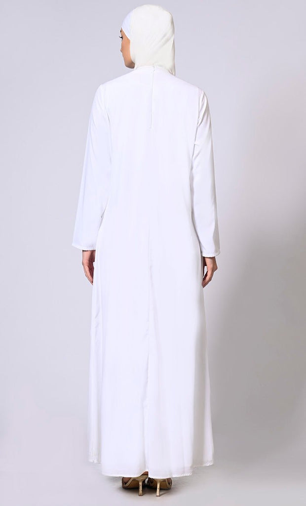 Glamorous Layers: White Double Layered Abaya with Sequined Yoke - Final Sale - EastEssence.com