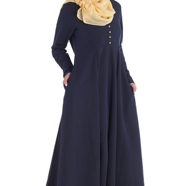 Gold Buttons Detail Fit And Flared Abaya Dress
