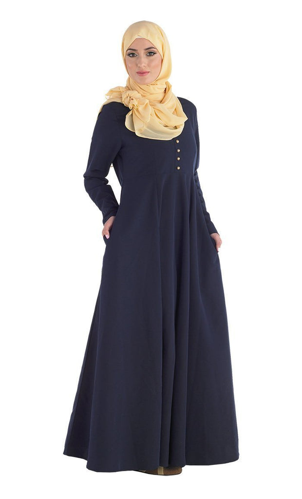 Gold Buttons Detail Fit And Flared Abaya Dress - Final Sale - EastEssence.com