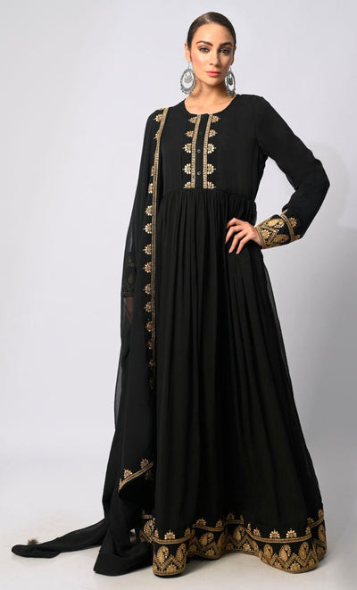 Gold Tapestry: Beautiful and Intricate Zari embroidered Anarkali With Dupatta - EastEssence.com