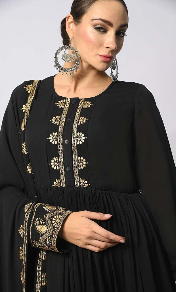 Gold Tapestry: Beautiful and Intricate Zari embroidered Anarkali With Dupatta - EastEssence.com