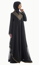 Golden Applique Work Double Layered Flared Abaya Dress - EastEssence.com